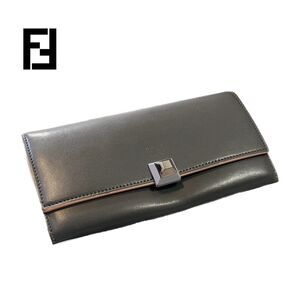 Fendi (Authentic) Gray Leather FF Baguette Long Fold-over Wallet w/ Pink Trim